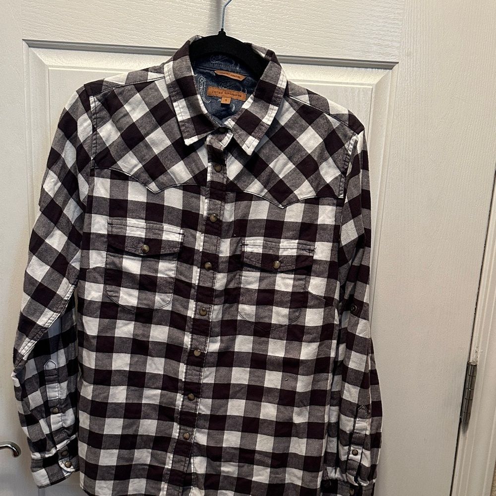 JACHS Girlfriend Black and White Buffalo Check Plaid Button Down Shirt Small